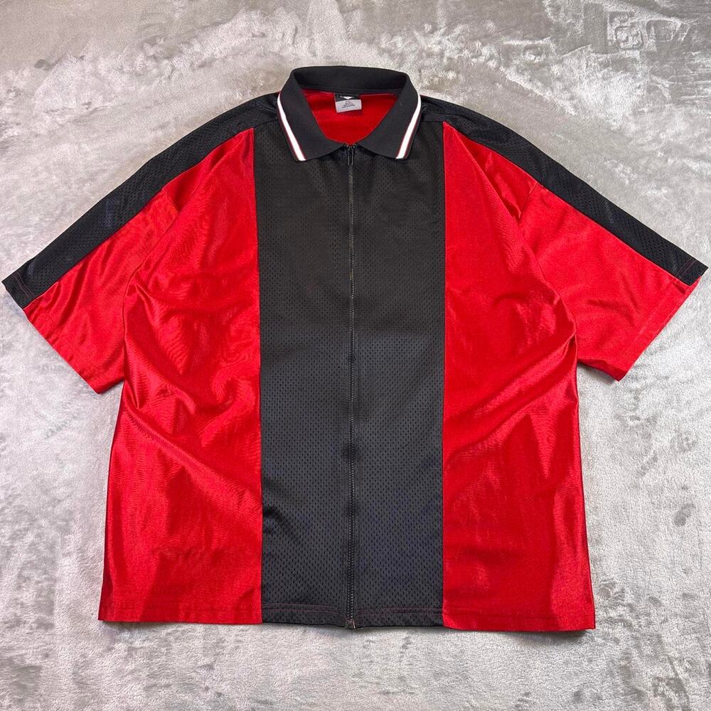 VTG Cheetah USA Red Black Mesh Full Zip Polo Shirt XXL Retro Color block